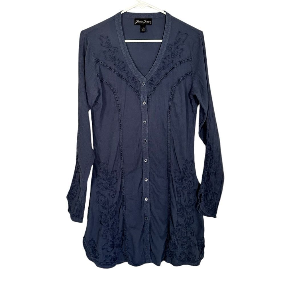 Gretty Zueger Long Button-Up Tunic Size S Embellished Leaf Print Blue Lagenlook
